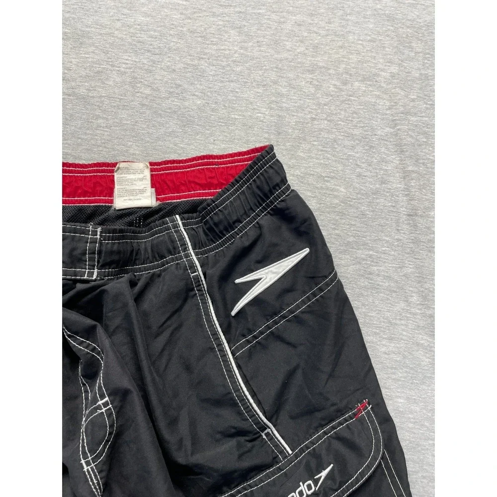 Speedo Trunks Shorts Mens M Black Cargo Pockets Swimwear White Seams Drawstring